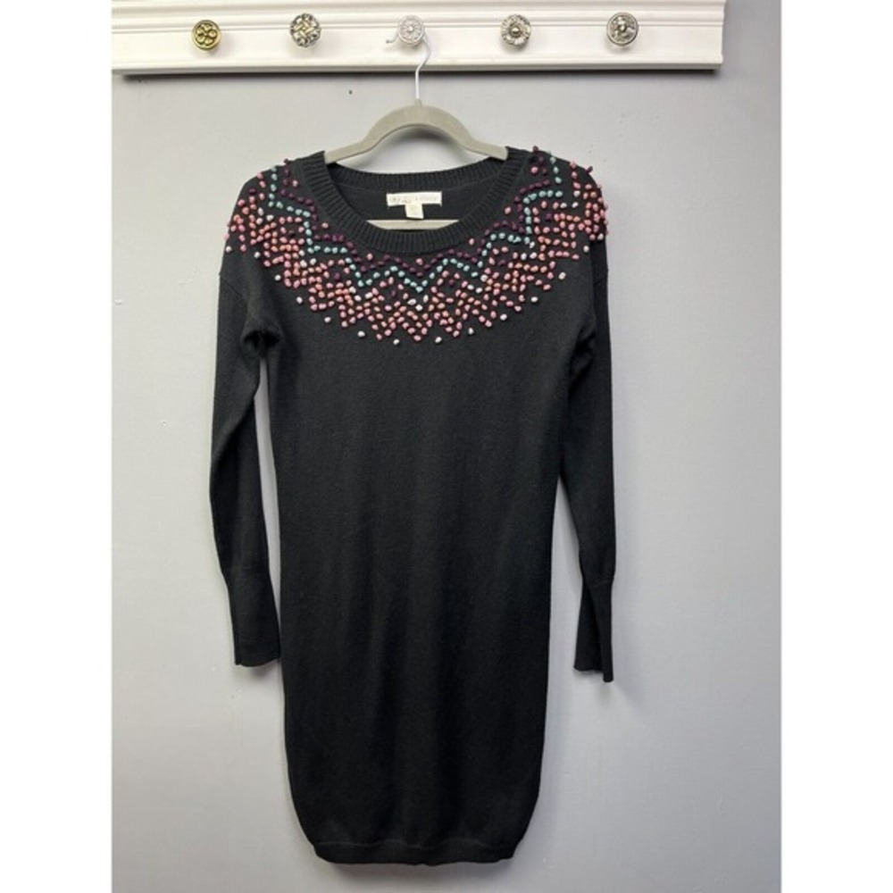 Kaisely Black‎ Pom Pom Embellished Sweater Dress Small Long Sleeve Wool Blend